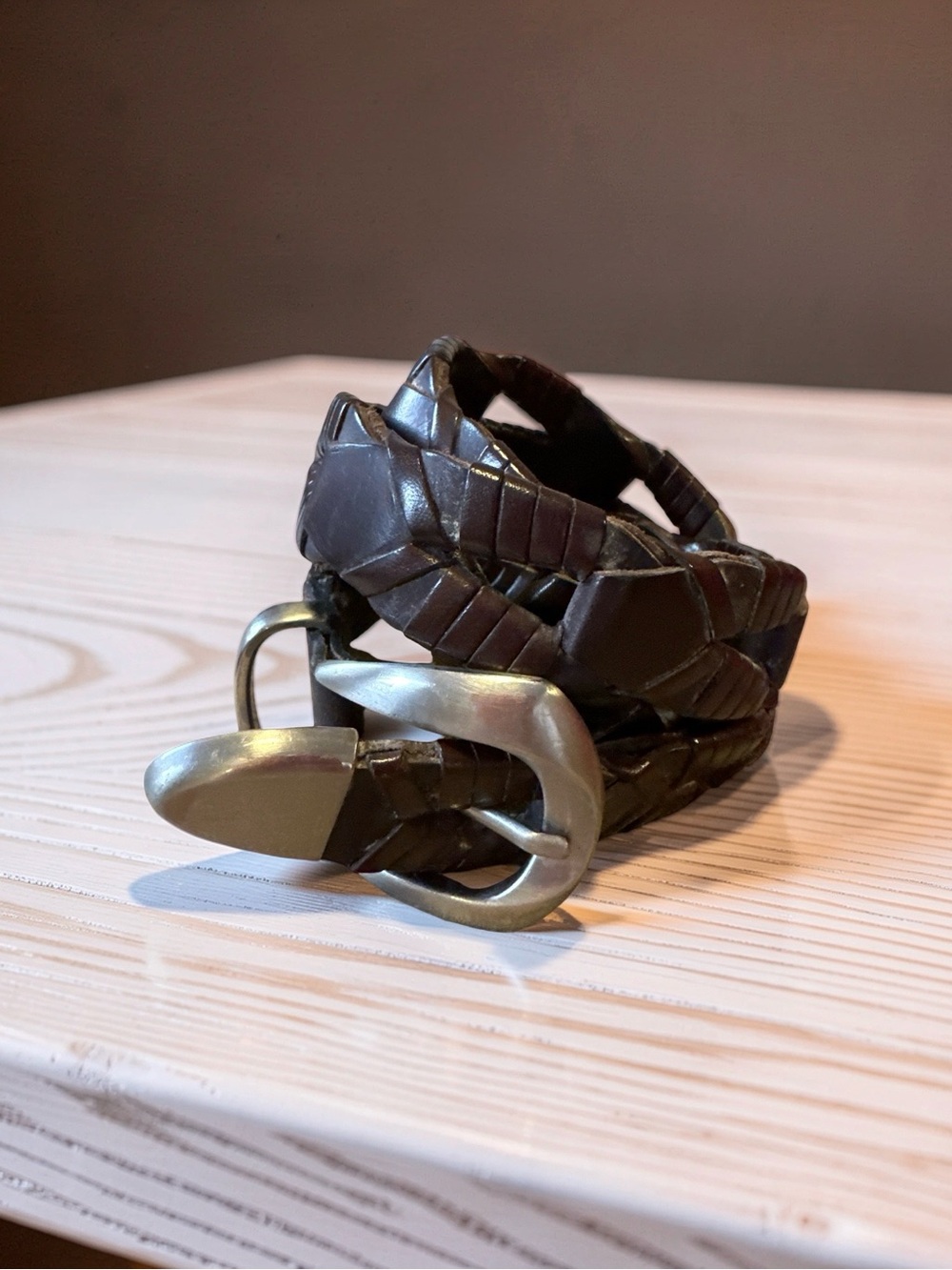 Braided Leather Womenโs Belt - Dark Brown